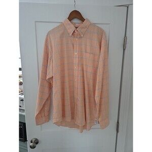 #56 Lands End Mens XL Peach/Blue Plaid Business Casual No Iron Original Oxford